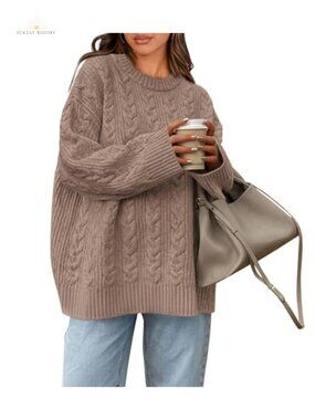 Oversized Cable Knit Crewneck Sweater Long Sleeve Pullover